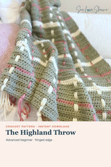 crocheted sage green tartan plaid throw blanket featuring cream and rose woven vertical stripes and fringe tassel ends thumbnail