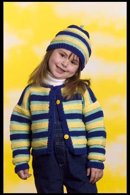 Kids Striped Cardigan and Stocking Hat Pattern (Knit)