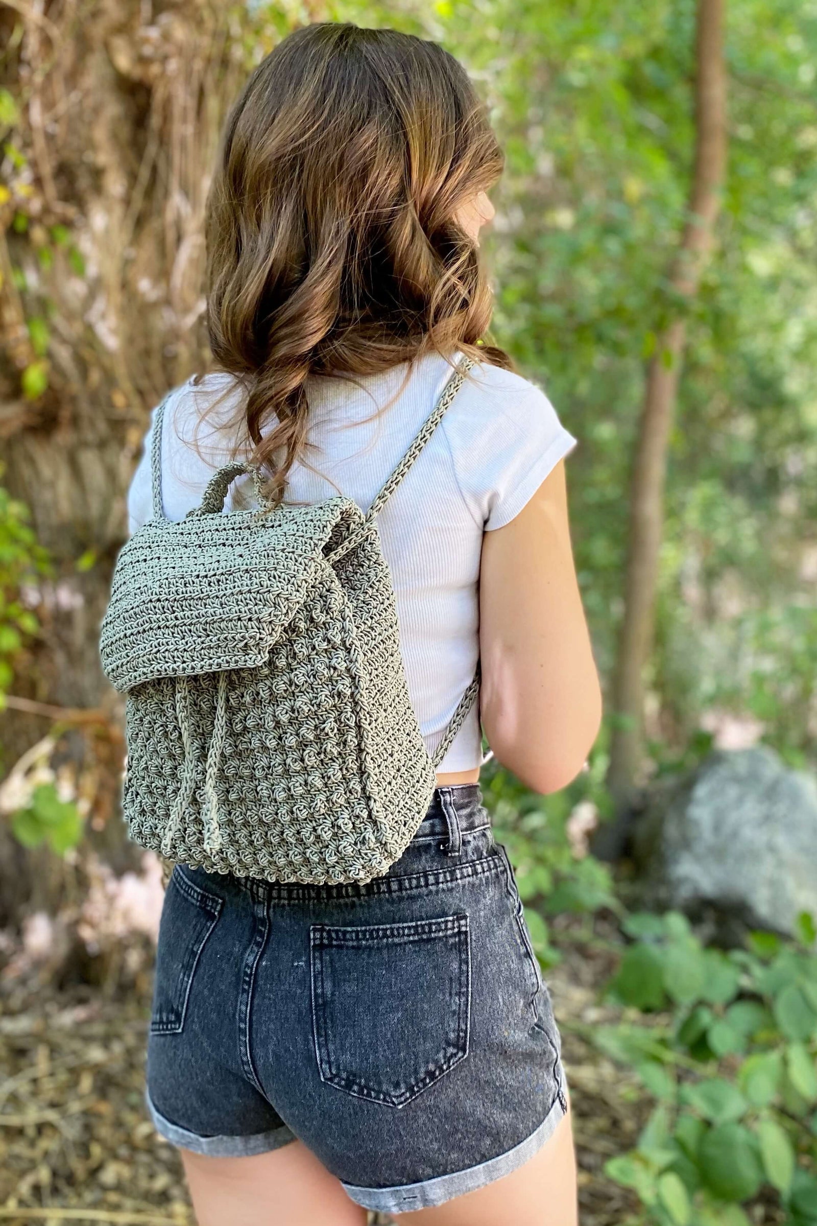 denim crochet and faux leather backpack Crochet Kit