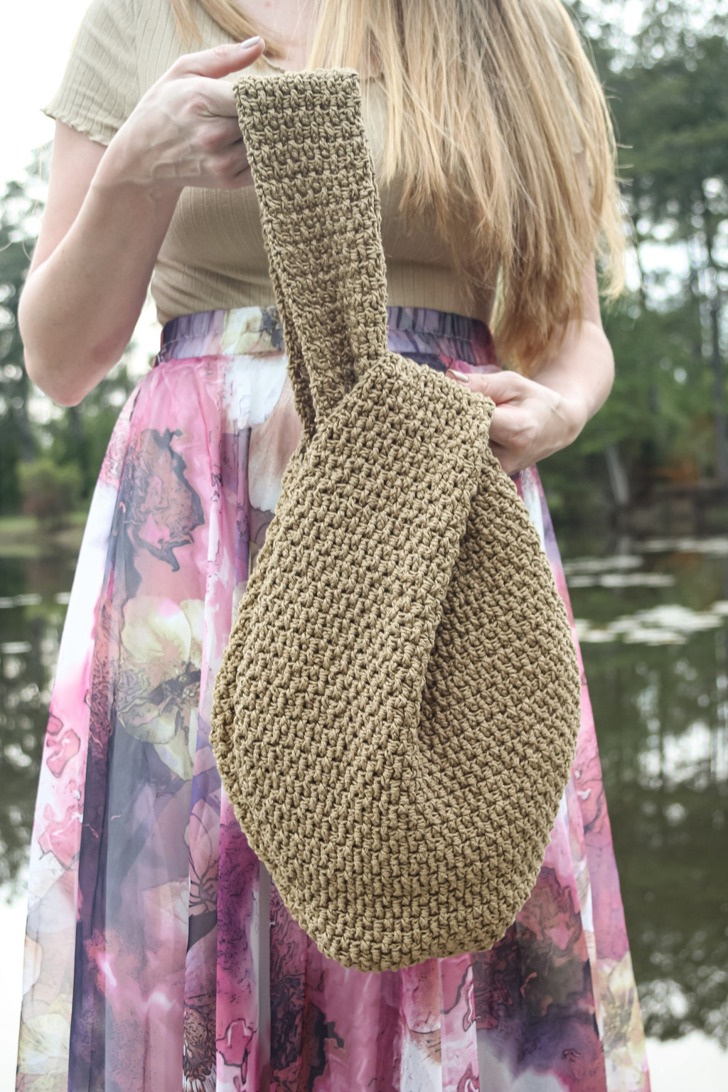 Large Lion Brand Yarn Knit Crochet Tote Bag Heavy Duty Green