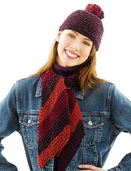 Knitted Pom Pom Hat and Bias Scarf Pattern (Knit)