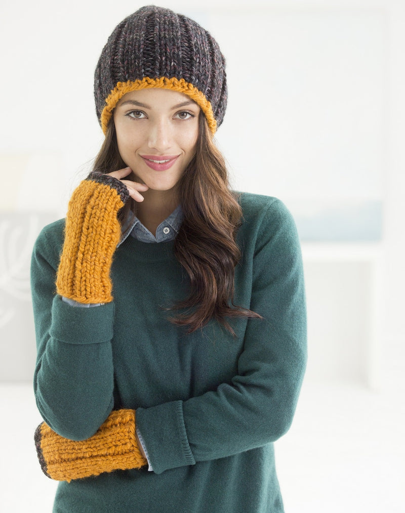 Color Tipped Mitts And Slouch Hat (Knit)
