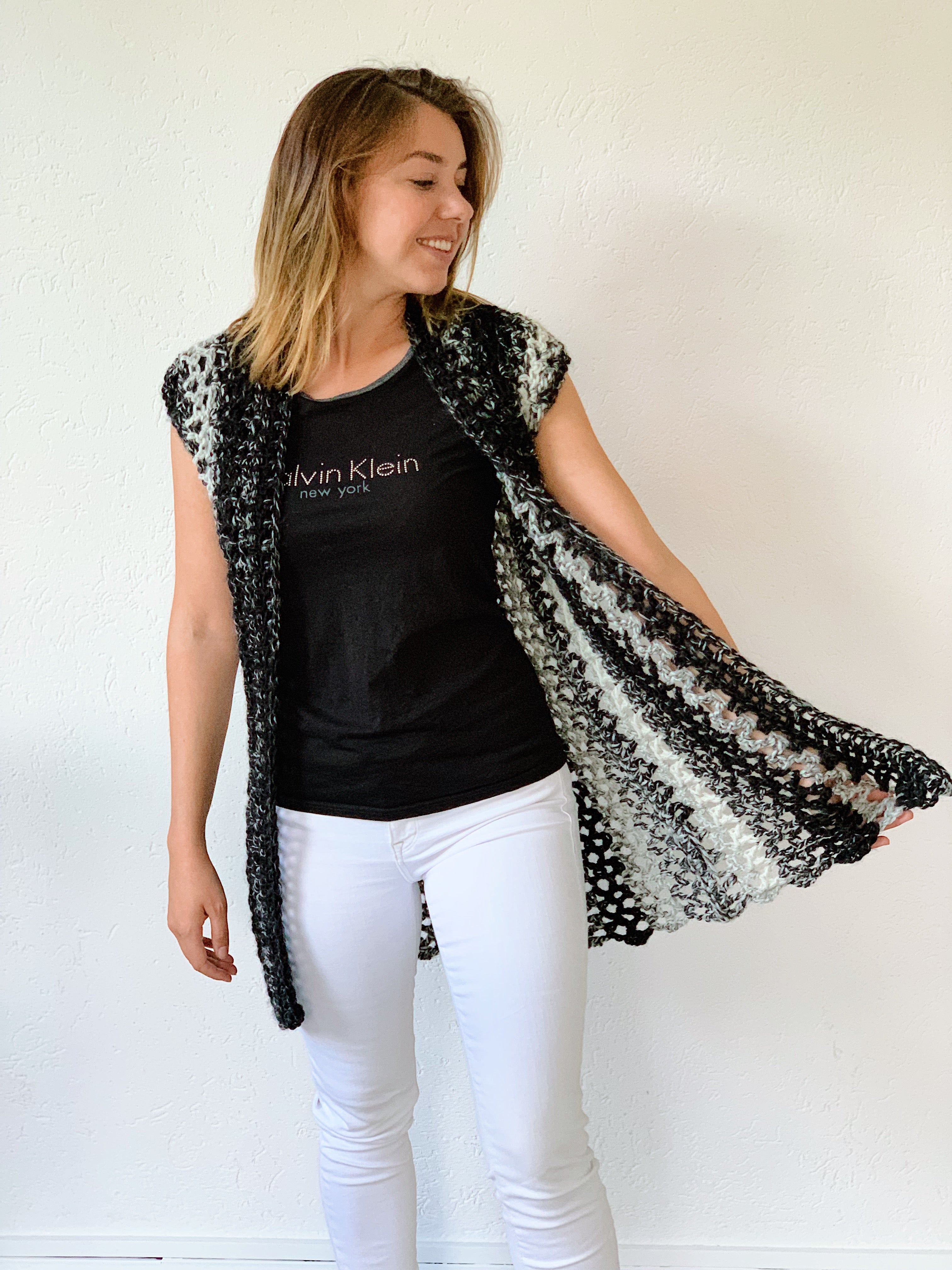 Black Crochet Button Up Sleeveless Vest