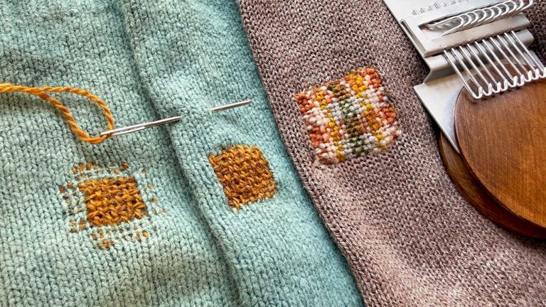 Woman adding visible stitches to knitwear