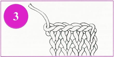 at the end, cut the yarn and draw it through the last loop